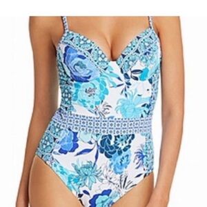 Bleu Rod Beattie Blue Floral One-Piece Swimsuit Size 14